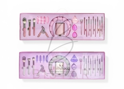 Set RubyFace de maquilhagem em caixa rosa com pincéis e acessórios