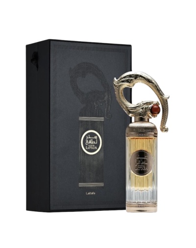 Frasco de perfume dourado com caixa preta SEHR LATTAFA