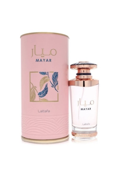 Frasco de perfume MAYAR transparente e rosa com caixa cilíndrica rosa e detalhes dourados
