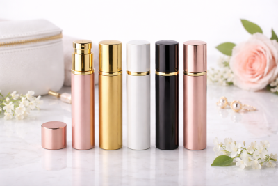 Cinco frascos de spray metálicos alinhados com decoração floral e acessórios ao fundo