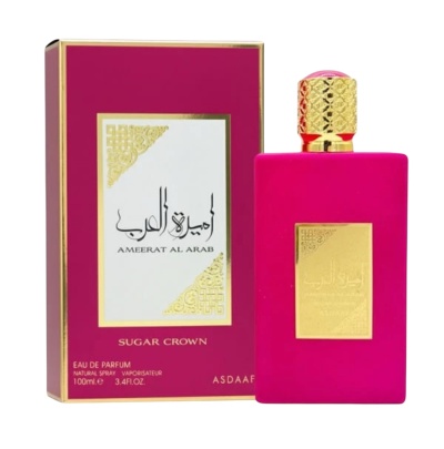Perfume AMEERAT AL ARAB SUGAR CROWN frasco e caixa rosa e dourados
