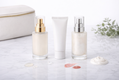 Frascos de cosméticos brancos com amostras de cremes e géis sobre superfície de mármore