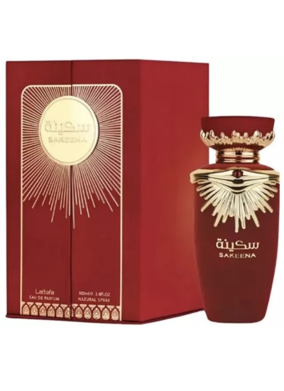 Frasco e caixa de perfume vermelhos com detalhes dourados e texto SAKEENA