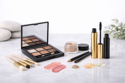 Conjunto de maquiagem com paleta de sombras, pinceis, máscara de pestanas, lápis, pó solto e amostras de batom e gel.