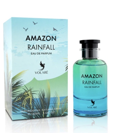 Frasco de perfume azul e caixa com design tropical e texto Amazon Rainfall