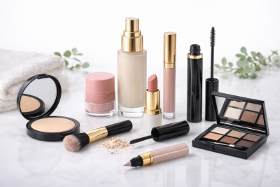 Set de maquilhagem com pó compacto, base líquida, batom, máscara de pestanas e paleta de sombras sobre superfície branca