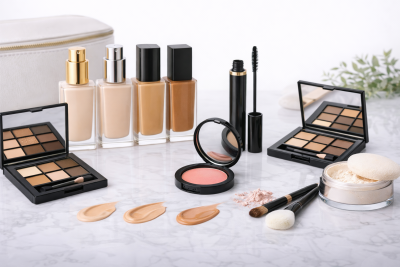 Conjunto de maquilhagem com bases líquidas, sombras, rímel, blush e pó solto sobre superfície branca