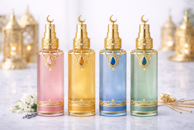 Quatro frascos de perfume coloridos com detalhes dourados e símbolos de lua crescente no topo sobre mesa de mármore.