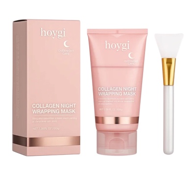 Máscara facial colagénio Hoygi com embalagem rosa e espátula branca