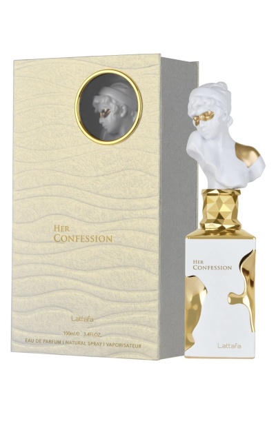 Frasco de perfume branco e dourado com busto decorativo e caixa creme texturizada com texto HER CONFESSION