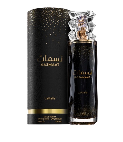 Frasco e embalagem de perfume NASMAAT Lattafa pretos com detalhes dourados