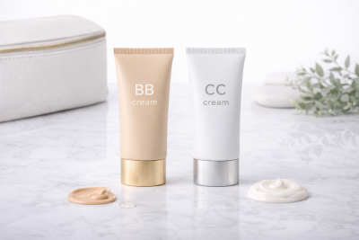 Dois tubos de BB cream e CC cream com cremes espalmados à frente, bolsa branca e ramo ao fundo