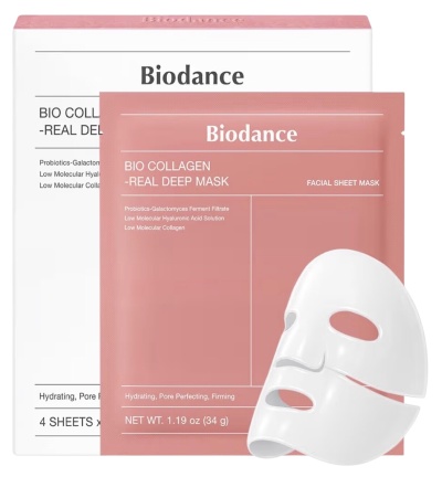 Embalagem rosa de máscara facial Biodance Bio Collagen Real Deep Mask com máscara facial branca em destaque