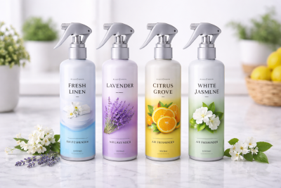 Frascos de spray de ambientadores com etiquetas coloridas e imagens de flores e frutas