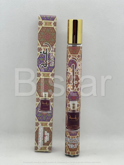 Frasco de perfume e embalagem colorida com padrões geométricos e texto RAGHBA.