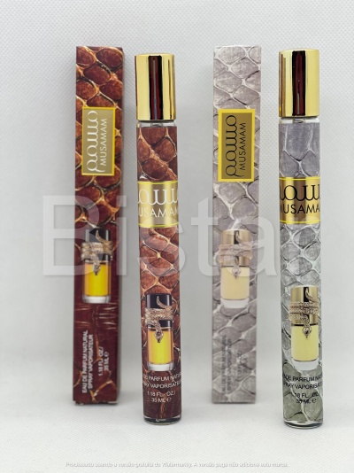 Dois frascos de perfume Musamam com padrão de pele de cobra em castanho e cinza e tampas douradas