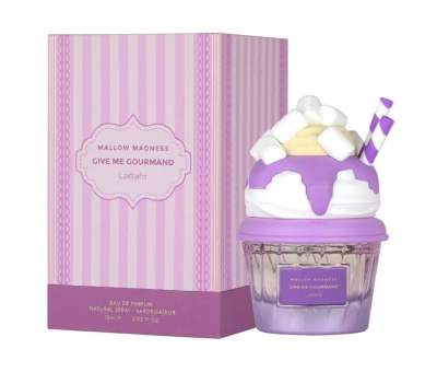 Frasco de perfume e caixa rosa e roxo com design de gelado e marshmallows