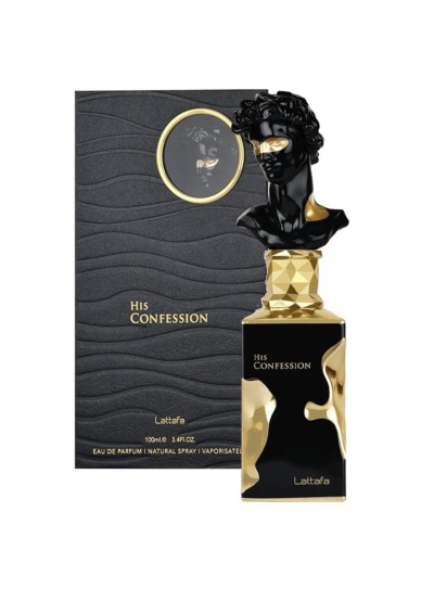 Frasco de perfume preto e dourado com busto estilizado e embalagem preta com texto dourado