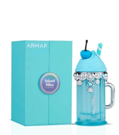 frasco de perfume azul com tampa decorada e caixa azul