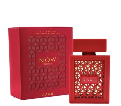 Frasco e embalagem de perfume NOW ROUGE Vermelho da marca RAVE com padrão geométrico.