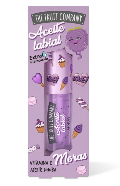 Óleo labial lilás com partículas em embalagem decorada lilás com desenhos coloridos