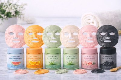 Máscaras faciais coloridas em cima de frascos de creme rotulados