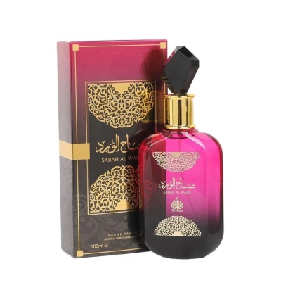 Frasco de perfume rosa e preto com caixa correspondente