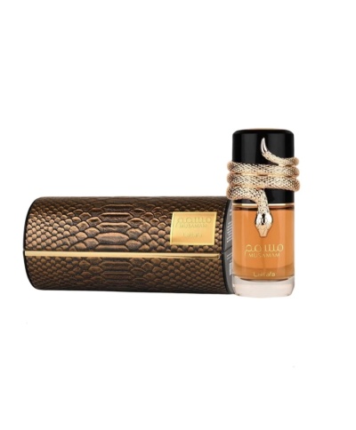 Frasco de perfume com serpente dourada e estojo castanho escamado