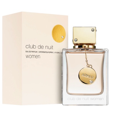 Frasco de perfume club de nuit woman com tampa dourada e caixa creme