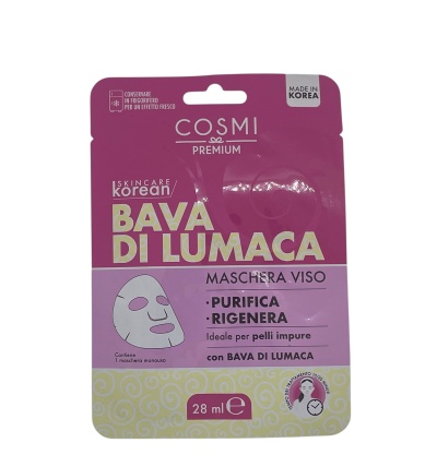 Máscara facial Cosmi Premium Bava Di Lumaca em embalagem rosa e amarela