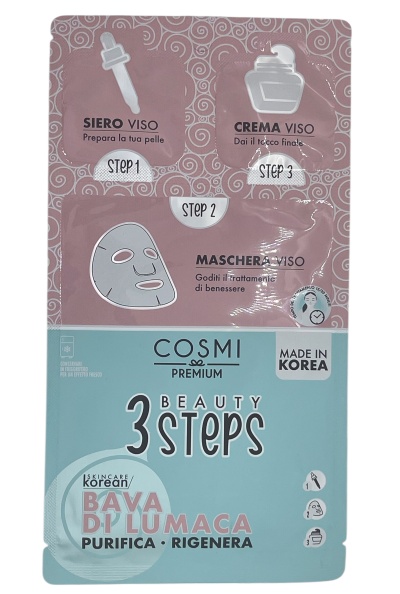 Embalagem rosa e azul claro de produto cosmético coreano COSMI PREMIUM 3 BEAUTY STEPS com três compartimentos