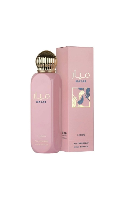 frasco de perfume rosa Mayar com tampa dourada e caixa rosa