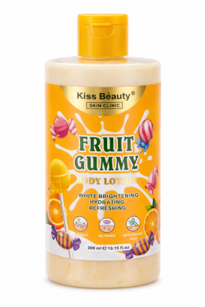 Frasco de loção corporal Kiss Bèauty laranja com texto e imagens de doces