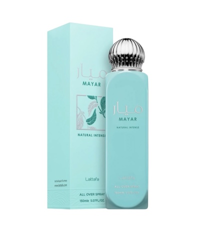 Frasco e embalagem azul claro de perfume Mayar Natural Intense