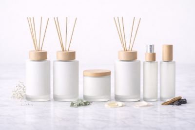 Conjunto de frascos de vidro foscos com tampas de madeira para aromatizadores e vela perfumada