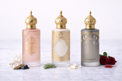 Três frascos de perfume com design elegante em vidro fosco e detalhes dourados