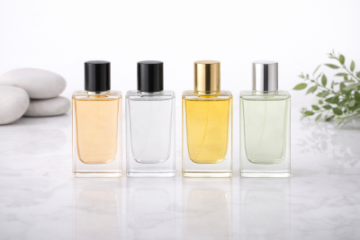 Frascos de perfume em vidro com líquidos coloridos e tampas metálicas