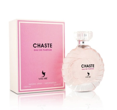 Frasco e caixa de perfume rosa Chaste Eau de Parfum Volaré