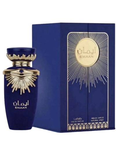 Perfume EMAAN azul e dourado com embalagem azul e dourada.