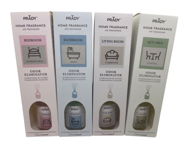 Embalagens de ambientadores PRADY HOME FRAGRANCE para diferentes divisões com cores distintas e ícones
