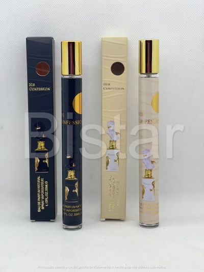 Frascos de perfume His Confession e Her Confession com embalagens azul escuro e creme claro