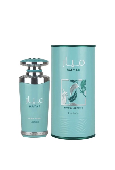 Frasco e caixa de perfume azul-turquesa e prata com texto Mayar Lattafa