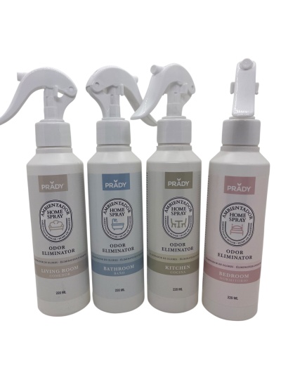 Quatro frascos de spray ambientador PRADY para diferentes divisões da casa