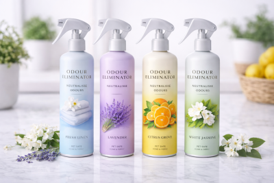 Frascos spray de eliminadores de odores com rótulos coloridos e imagens de fragrâncias, sobre superfície branca com flores