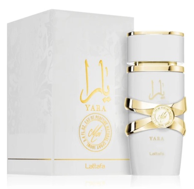 Frasco e embalagem de perfume Yara da Lattafa em branco e dourado