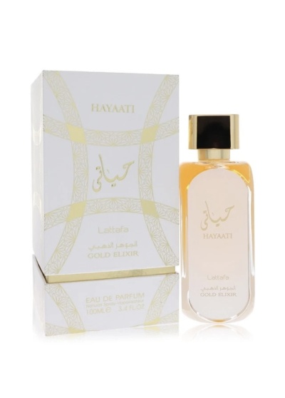 Perfume HAYAATI Lattafa com embalagem branca e detalhes dourados