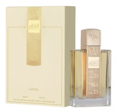 Frasco de perfume e caixa amarela com texto Angham e Lattafa