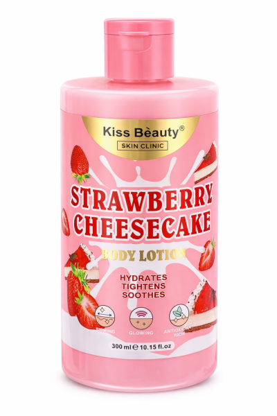 Frasco rosa de loção corporal Kiss Beauty Strawberry Cheesecake