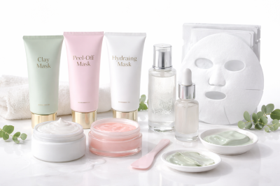 Produtos de cuidado facial com máscaras e séruns em frascos e tubos pastel e branco