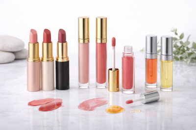 Diferentes batons e glosses em tons de rosa e vermelho, organizados em fila sobre superfície branca